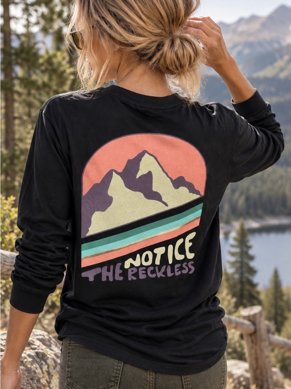 Notice The Reckless Black Long Sleeve Mountain Graphic Tee Medium